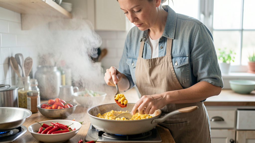 Editorial image illustrating Fresh Cayenne vs. Chili Powder: Solving the Heat Distribution Problem in Scrambled Eggs